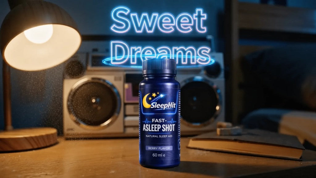 SleepHit bottle on a nightstand under a neon Sweet Dreams sign